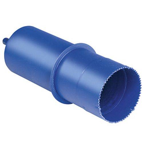 Ein blauer zylindrischer Lochsägeaufsatz mit gezackter Kante, der zum präzisen Schneiden von kreisrunden Löchern in verschiedenen Materialien verwendet wird.