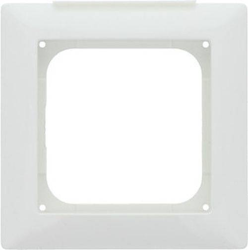 Ein quadratischer weißer Kunststoffrahmen mit vier Befestigungslöchern, der zum Montieren oder Festhalten eines Objekts konzipiert ist.
