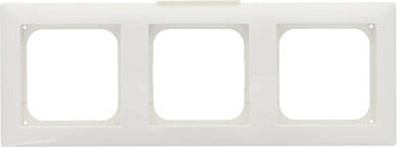Ein weißer quadratischer Kunststoffrahmen mit einer zentralen Öffnung, möglicherweise für einen Schalter oder eine Steckdose.