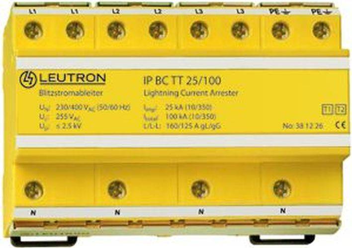 Ein gelber Überspannungsableiter mit der Bezeichnung 'NEUTRON IP BC TT 25/100' mit Spannungs- und Stromratings.