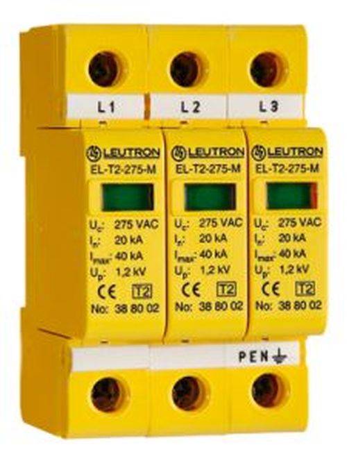 Ein dreiphasiger Überspannungsschutzgerät (SPD) Modell EL-T2-275-M mit Nennspannung 275 VAC, Stromstärke 20 kA und maximaler Spannung 1,2 kV.
