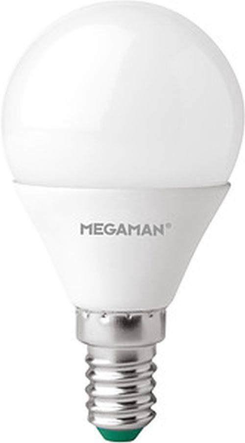 Eine weiße LED-Glühbirne mit dem Markennamen 'MEGAMAN', die eine standardmäßige Schraubfassung aufweist.