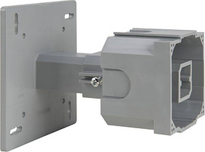 Eine graue Metallmontagehalterung mit rechteckiger Grundfläche, ausgestattet mit einem verstellbaren Gleitschienenmechanismus und einem Bolzen zur Sicherung von Verbindungen.