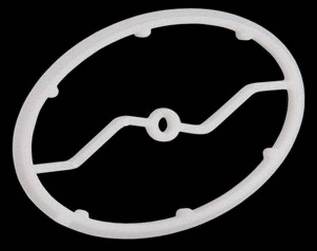 Eine dekorative ovale Form mit einem abstrakten, weißen, miteinander verbundenen Linienmuster auf einem schwarzen Hintergrund.