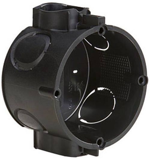 Eine runde, schwarze Kunststoffgehäusekomponente mit verschiedenen kreisförmigen Öffnungen und Befestigungspunkten, möglicherweise für elektrische oder mechanische Verwendung.