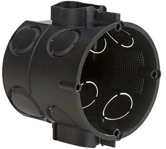 Ein schwarzes, zylindrisches Objekt mit kreisförmigen Aussparungen und einem Gittermuster im Inneren, möglicherweise eine Komponente oder ein Teil eines größeren Mechanismus.