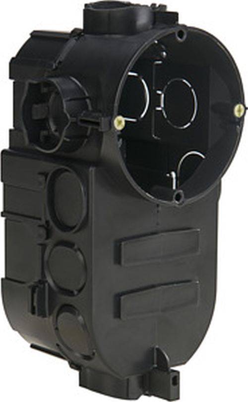 Eine schwarze elektrische Verteilerdose mit mehreren kreisförmigen Öffnungen und Befestigungspunkten, konzipiert für Verkabelung und elektrische Anschlüsse.