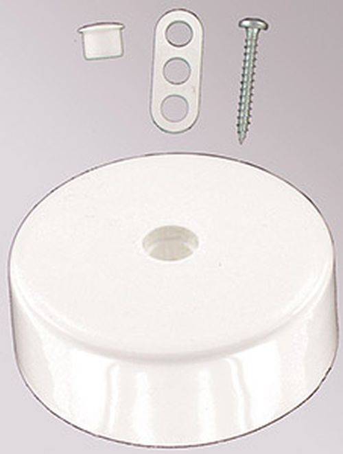 Kreisrunde weiße Wandbefestigung mit einem zentralen Loch, neben einer Metallplatte mit Löchern und einer Schraube, verwendet zur Befestigung von Gegenständen an Wänden.