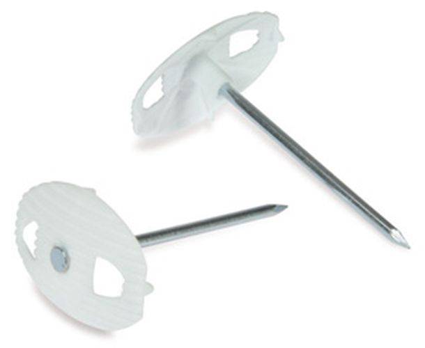 Eine weiße scheibenförmige Befestigungsanker mit einem Metallstift, die in der Bauwirtschaft häufig zum Befestigen von Isolierungsmaterialien an Oberflächen verwendet wird.