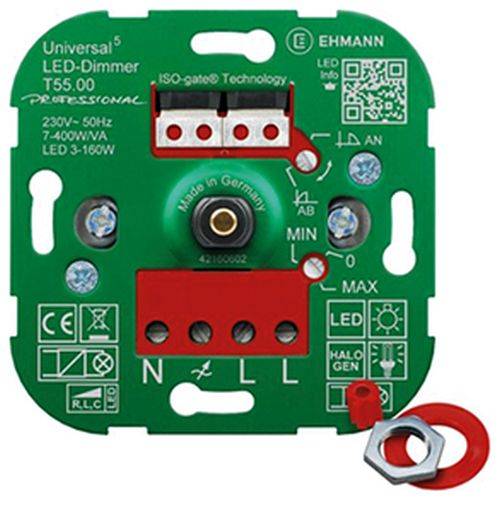 Universal LED-Dimmer T55.00 mit einstellbaren Optionen für Mindest- und Höchstlichtstärke, zeigt Spannungs- und Leistungskapazitätsdetails an.