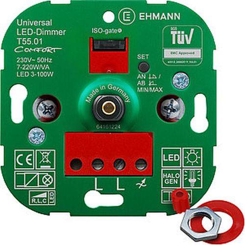 Universal LED-Dimmer T55.01' mit rotem Schalter, grüner Rundbase und verschiedenen beschrifteten Anschlüssen. Hergestellt in Deutschland von EHMANN.