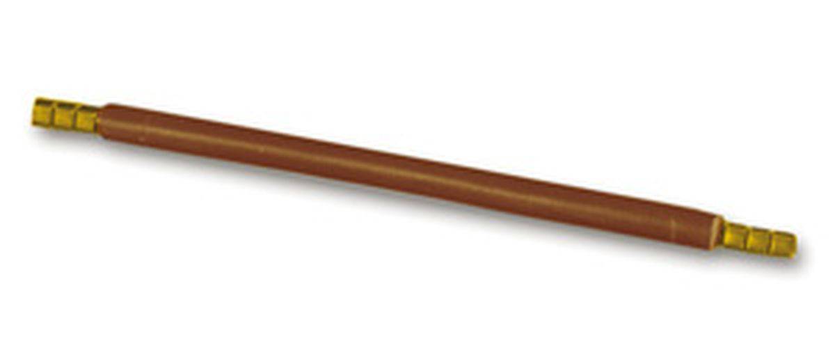Ein schlanker brauner zylindrischer Stab, wahrscheinlich aus Holz oder Kunststoff, der horizontal vor einem einfarbigen weißen Hintergrund gezeigt wird.