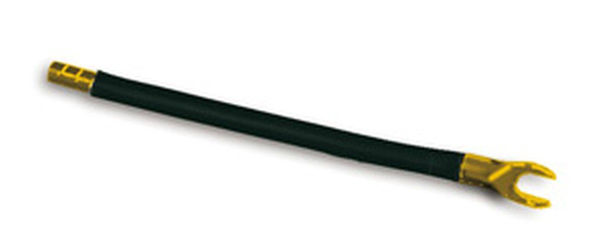 Eine Nahaufnahme eines schlanken, dunklen Stabes vor einem schlichten weißen Hintergrund, möglicherweise ein Kabel oder eine dünne Röhre, diagonal ausgerichtet.