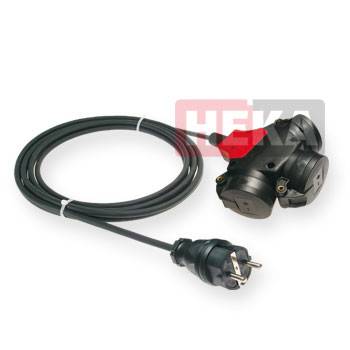 Verlängerungskabel 'HEKA' mit europäischem Stecker und Doppelsteckdose, gewundener Kabel. Schwarze Farbe, entwickelt für elektrische Verbindungen.