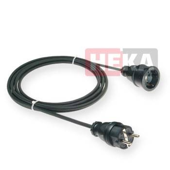 Schwarzes Stromverlängerungskabel der Marke 'HEKA' mit Stecker und Buchse, ordentlich aufgerollt, vor einem weißen Hintergrund.