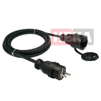 Ein schwarzes Elektrokabel mit einem zweipinkligen Stecker und einer Steckdose, ordentlich aufgerollt.