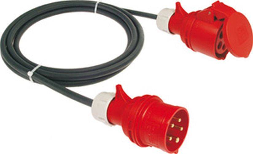 Roter industrieller Stromstecker mit mehreren Stiften, der mit einem schwarzen Kabel verbunden ist.