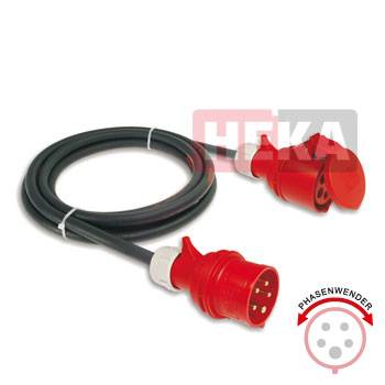 Ein rot-schwarzes elektrisches Verlängerungskabel mit einem dreipinigen Stecker ist links aufgerollt. Im Hintergrund rechts ist der Text 'HEKA' zu sehen.
