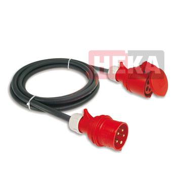 Ein roter industrieller elektrischer Verlängerungskabel mit männlichen und weiblichen Anschlüssen, aufgerollt vor einem weißen Hintergrund.