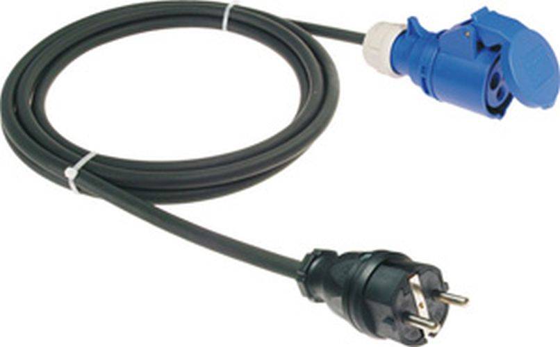 Ein blauer industrieller Stecker, der mit einem schwarzen spiralförmigen Kabel verbunden ist, liegt auf einem weißen Hintergrund.