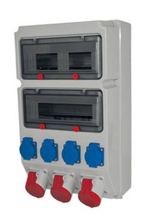 Elektrische Verteilerdose mit mehreren blauen Steckdosen und roten Schaltern, verwendet zur Stromverwaltung in industriellen Umgebungen.