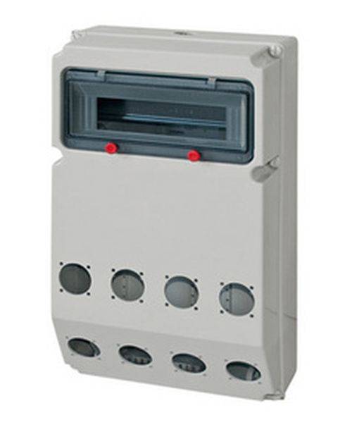 Elektrische Verteilerdose mit mehreren kreisförmigen Öffnungen am unteren Ende und einer Schutzabdeckung oben.