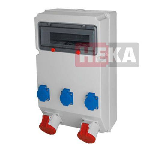 Eine HEKA Stromverteilerdose mit mehreren blauen Steckdosen und roten Schaltern, die für elektrische Anschlüsse konzipiert ist.