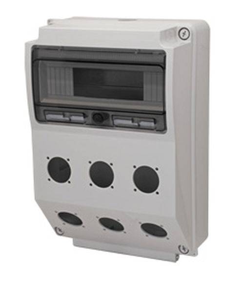 Elektrische Verteilerdose mit sechs kreisförmigen Anschlüssen und einem transparenten Oberpanel zur Überwachung und Steuerung elektrischer Verbindungen.