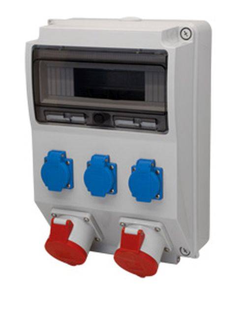Eine Elektroverteilerdose mit einem transparenten Fenster und mehreren blauen und roten Steckdosen zum Anschluss verschiedener Geräte oder Kabel.