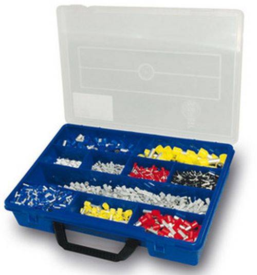 Eine offene blaue Organisationsbox mit verschiedenen kleinen elektrischen Anschlüssen in Abschnitten: blaue, gelbe, rote, schwarze und weiße Sortimente.