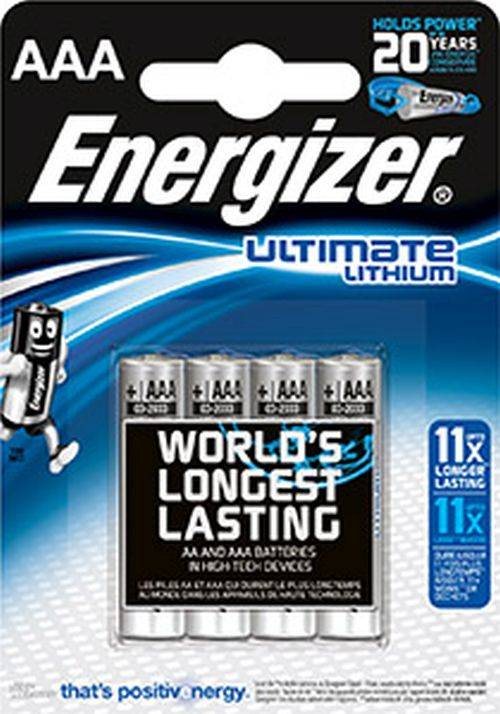 Energizer Ultimate Lithium' Verpackung mit AA-Batterien, mit Text, der behauptet 'Weltweit längste Haltbarkeit' und '11x länger haltbar'.