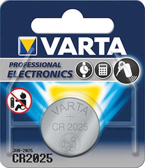 Batterieverpackung mit der Aufschrift 'VARTA Professional Electronics' mit Bildern einer Uhr, einer Fernbedienung und eines Zeigegeäts. CR 2025 Modell.