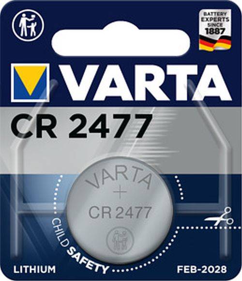 VARTA CR 2477 Lithium-Knopfzelle, mit Logo für Kindersicherheit. Auffällige Beschriftung: ‚VARTA', ‚EXPERTEN SEIT 1887'.