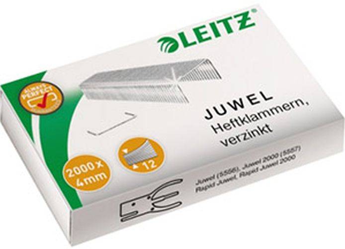 Markenkarton von 'LEITZ' mit verzinkten Heftklammern, beschriftet mit 'JUWEL Heftklammern verzinkt', enthält 2000 Heftklammern (Größe 4mm).