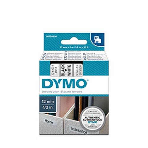 Dymo Etikettenband in Schwarz und Weiß, 12 mm x 7 m, kompatibel mit verschiedenen Beschriftungsgeräten. Enthält Siegel für 'Originales Dymo'.