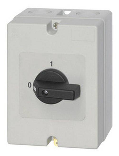 Ein weißer elektrischer Schalter mit einem schwarzen Hebel, der auf Position '1' für Ein gestellt ist.