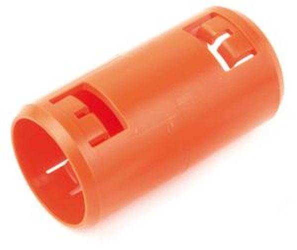 Eine orange Plastikzylinder-Komponente mit Schlitzen und Öffnungen, die für elektrische oder sanitäre Anwendungen verwendet wird.