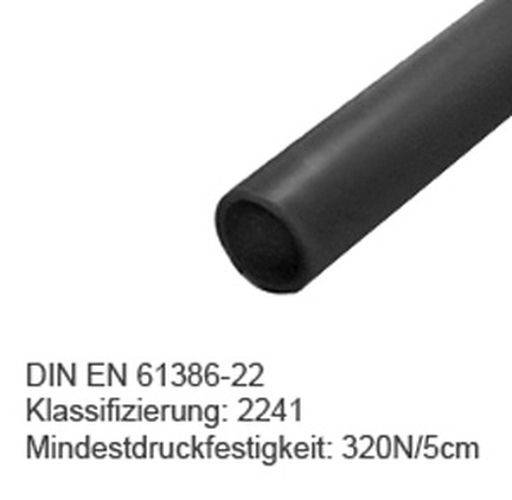 Schwarzer zylindrischer Gegenstand mit Text 'DIN EN 61386-2241 Klassifizierung: 2241 Mindestdruckfestigkeit: 320N/5cm', der Spezifikationen angibt.