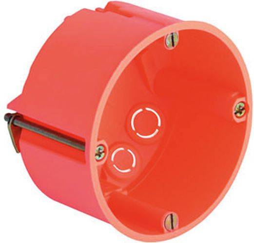 Roter zylindrischer Elektro-Verteilerdose mit Schraublöchern und Kabeleinführungspunkten, verwendet zum Unterbringen von Leitungsverbindungen in Wänden.