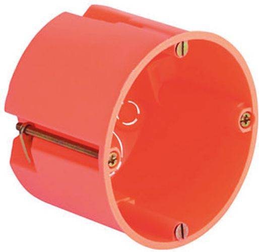 Eine orangefarbene runde elektrische Verteilerdose mit Schraublöchern, die zum Befestigen von Kabeln und elektrischen Komponenten verwendet wird.
