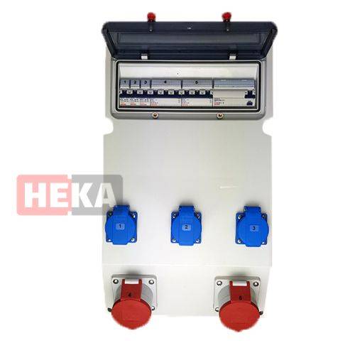 Elektrische Verteilerdose mit zwei roten und drei blauen Steckdosen und Sicherungsautomaten darüber. HEKA-Logo links.