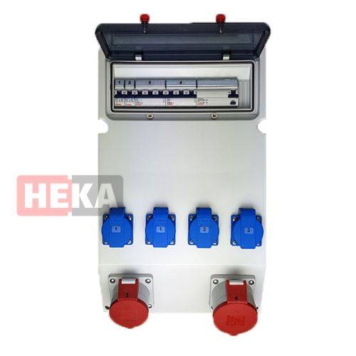 HEKA-Marken-Elektroverteilerdose mit beschrifteten Sicherungsautomaten und Steckdosen, einschließlich drei blauer und zwei roter Steckdosen.