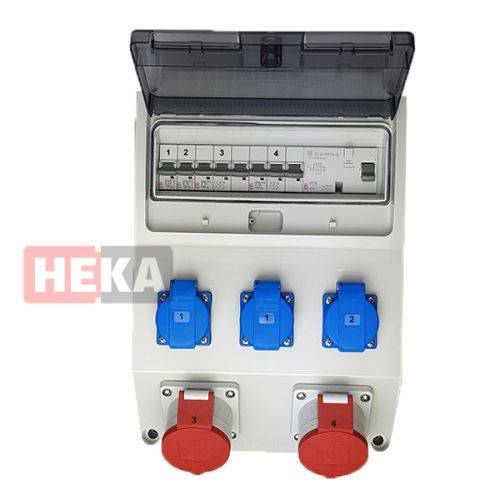 Eine Stromverteilungstafel mit HEKA-Logo, ausgestattet mit Sicherungsautomaten und sechs nummerierten Anschlüssen: drei blaue und drei rote.