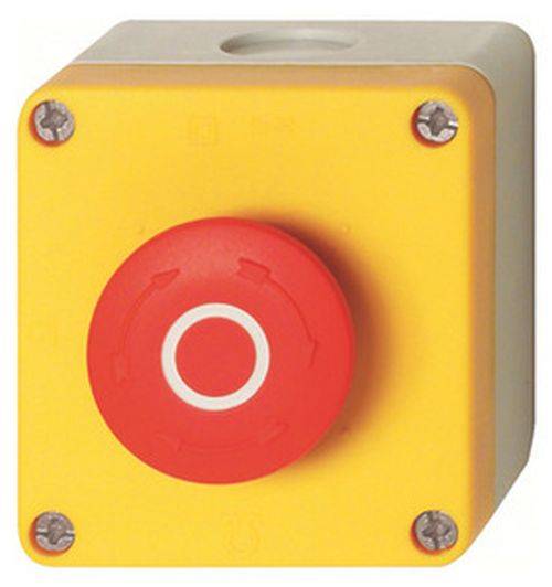 Ein roter Notaus-Taster auf einer gelben quadratischen Grundfläche, der verwendet wird, um Maschinen oder Vorgänge in einer Gefahrensituation schnell zu stoppen.