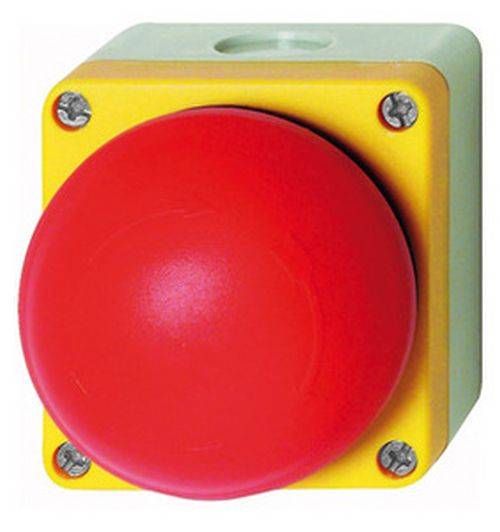 Eine große rote Notaus-Taste ist auf einer gelben quadratischen Grundplatte mit vier Schrauben montiert, die für einen schnellen Zugriff in kritischen Situationen ausgelegt ist.