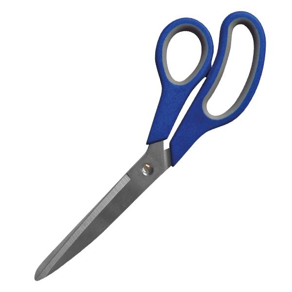 Eine Schere mit blauen Griffen, leicht geöffnet, die die scharfen, metallischen Klingen zeigt.