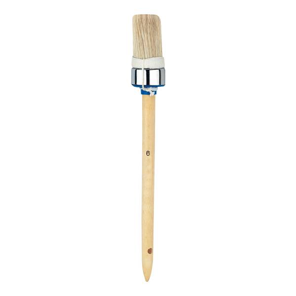 Ein runder Pinsel mit beige farbenen Borsten und einem Holzgriff, mit der Nummer '6' markiert.
