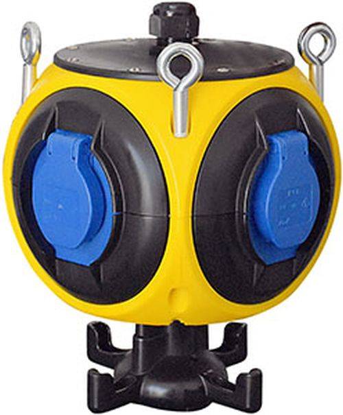 Ein rundes, gelb-schwarzes Industriegerät mit blauen Buchsen und Metallschlaufen, wahrscheinlich für elektrische oder mechanische Zwecke verwendet.