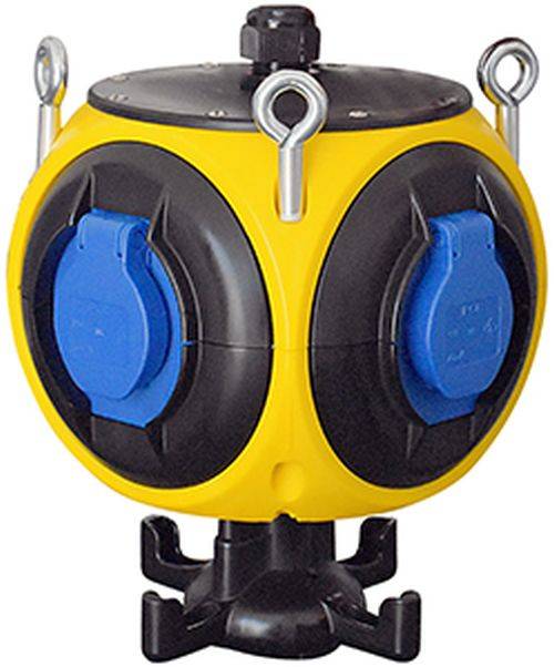 Ein gelbes kugelförmiges Gerät mit zwei blauen Luken und Metallschlaufengriffen oben, das für maritime Anwendungen wie Auftrieb oder Datenerfassung verwendet wird.