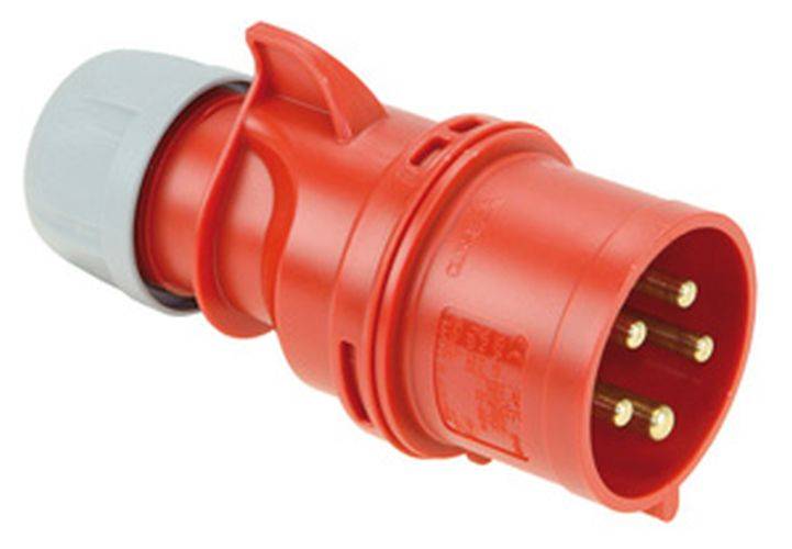 Ein roter industrieller Stecker mit mehreren Metallstiften, konzipiert für Hochleistungs-Elektroverbindungen, wird vor einem neutralen Hintergrund gezeigt.